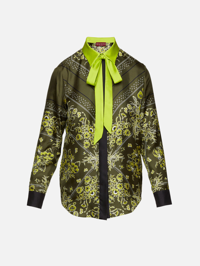 Floral Button Down Shirt,GUCCI,MILITARY GREEN,Image 1