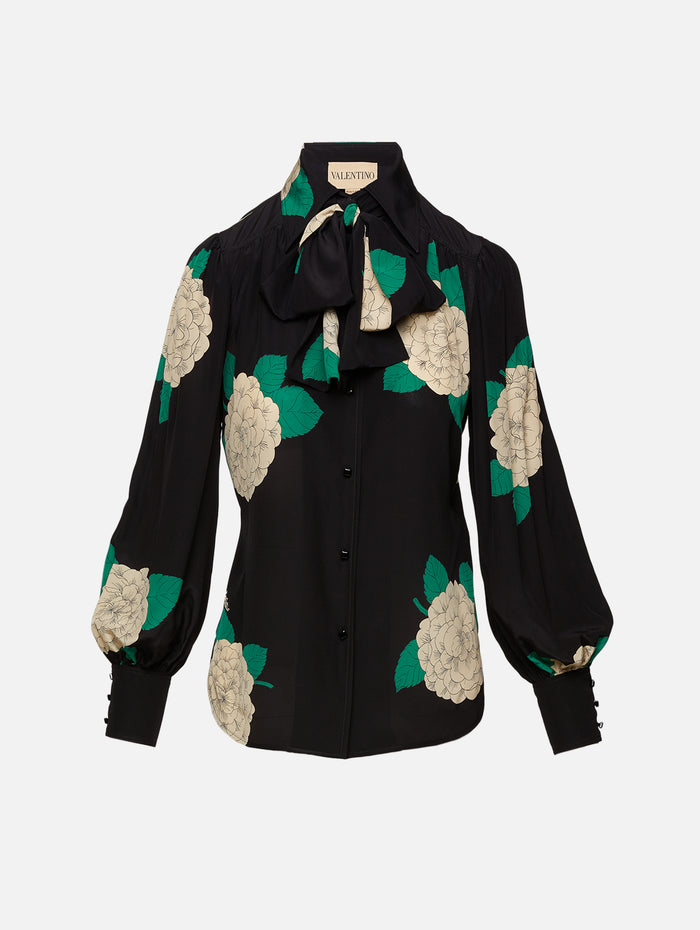 Floral Tie Neck Blouse,VALENTINO GARAVANI,NERO/MULTI,Image 1