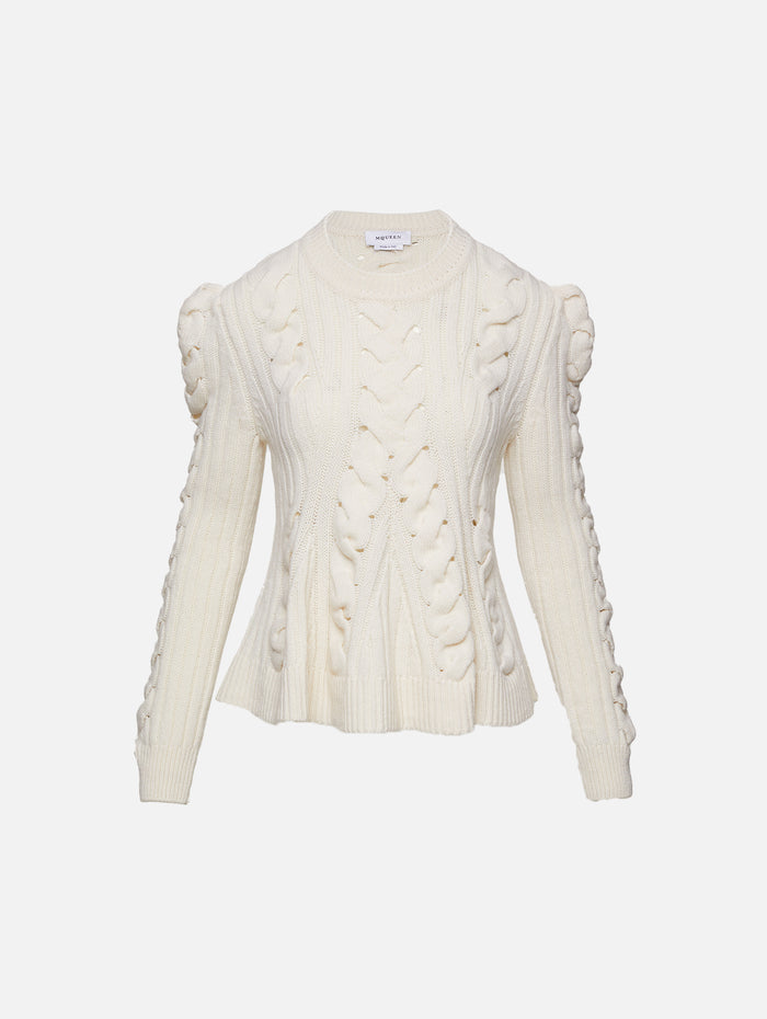 Peplum Cable Knit Sweater,ALEXANDER MCQUEEN,IVORY,Image 1