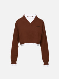 Cropped V Neck Sweater,MIU MIU,COGNAC,Image 1