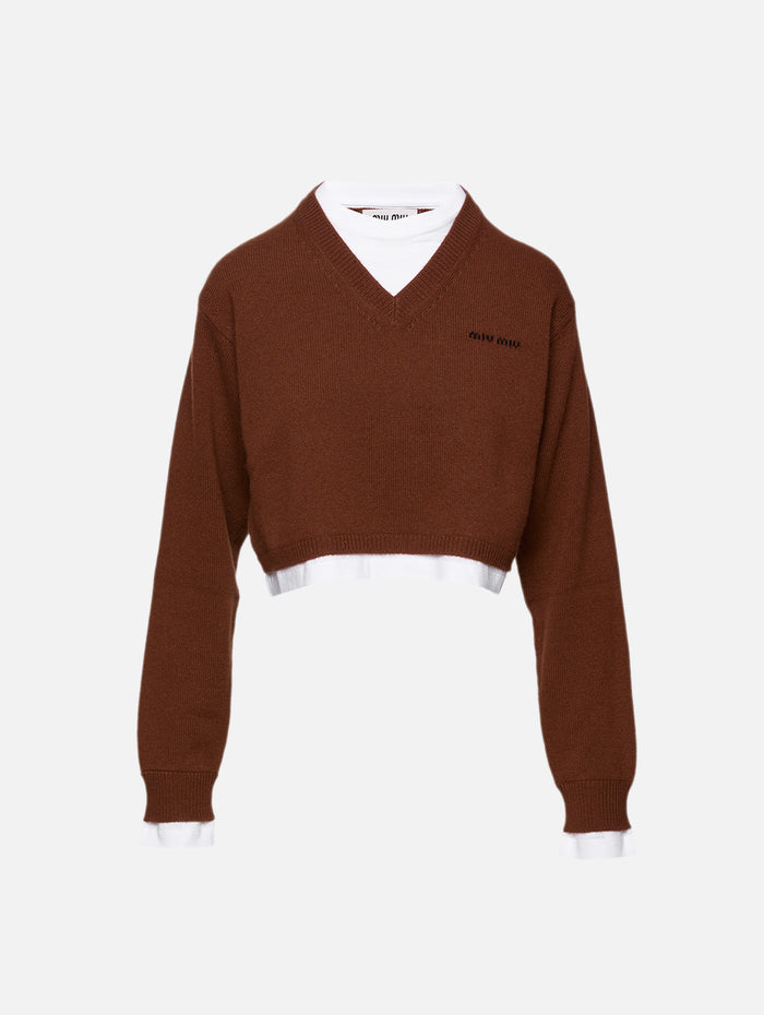 Cropped V Neck Sweater,MIU MIU,COGNAC,Image 1