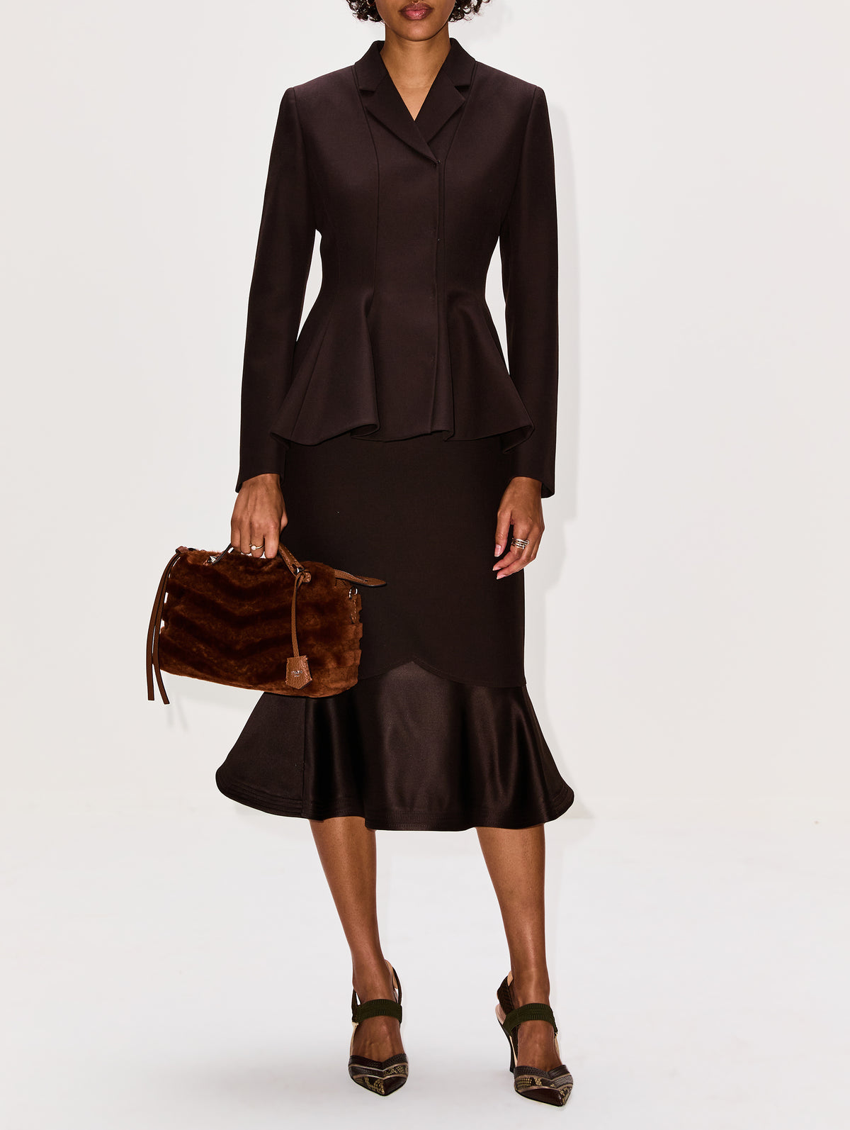 Flare Waist Blazer,FENDI,DARK BROWN,Image 2