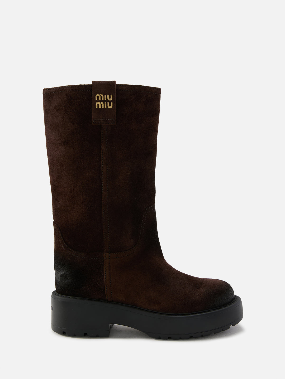 Mid Calf Slouchy Suede Boot,MIU MIU,MORO,Image 1