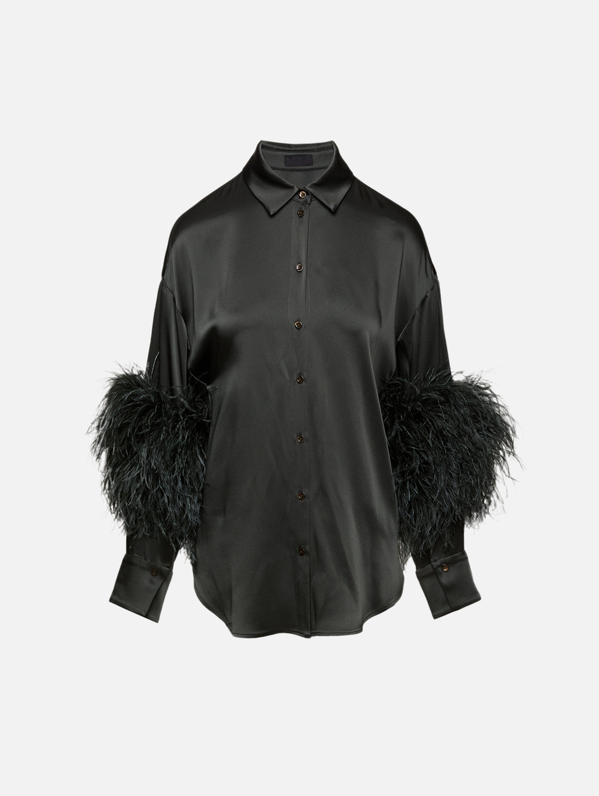 Satin Feather Button Down,LAPOINTE,DARK GREEN,Image 1