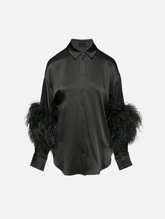 Satin Feather Button Down,LAPOINTE,DARK GREEN,Image 1