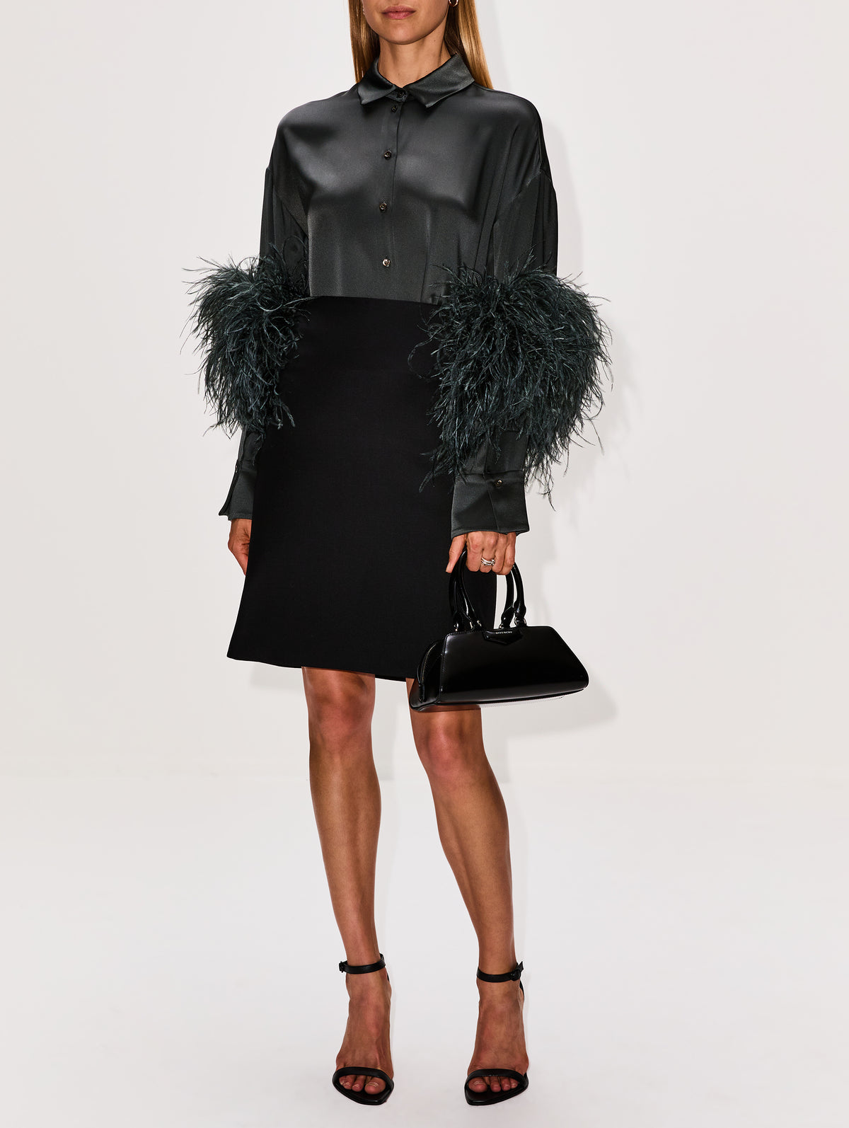 Satin Feather Button Down,LAPOINTE,DARK GREEN,Image 2