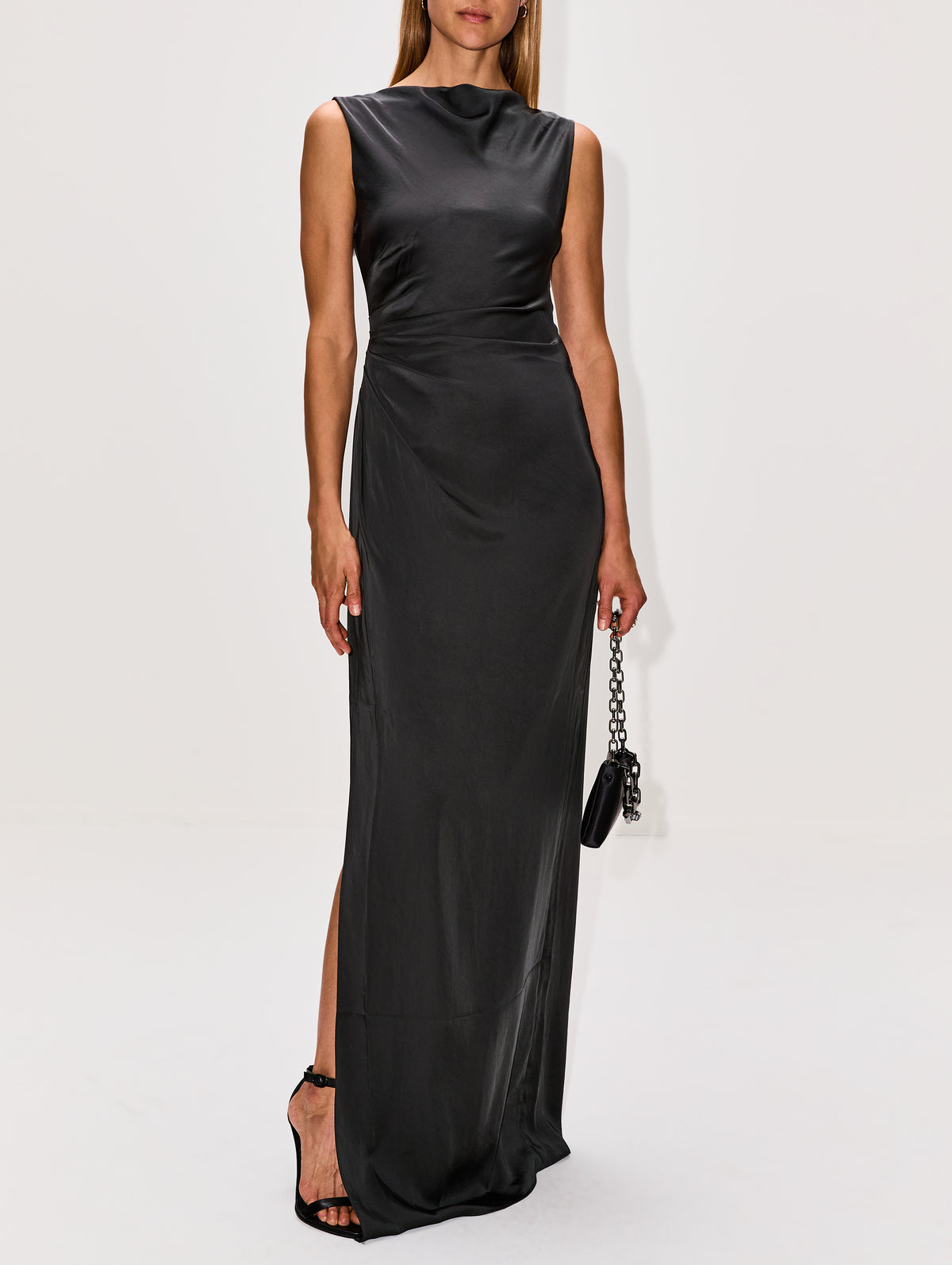 Ruched Satin Gown,LAPOINTE,DARK GREEN,Image 2