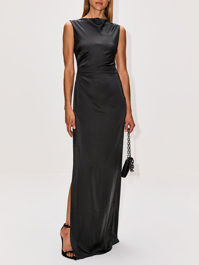 Ruched Satin Gown,LAPOINTE,DARK GREEN,Image 1