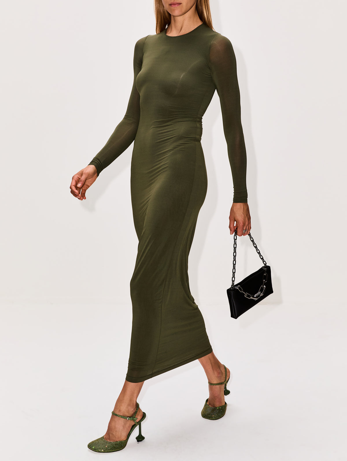 Sheer Long Sleeve Dress,WARDROBE.NYC,MILITARY,Image 3