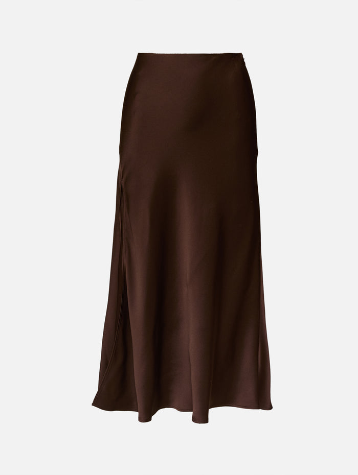 Satin Bias Midi Skirt,LAPOINTE,DARK BROWN,Image 1