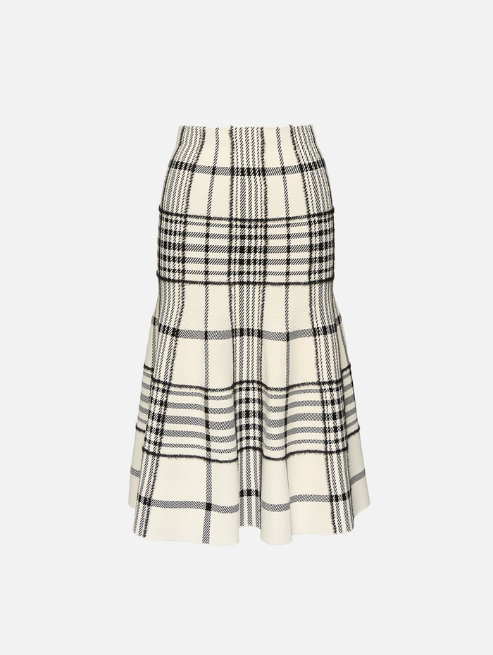 Rory Flare Knit Skirt,BRANDON MAXWELL,IVORY PLAID,Image 1