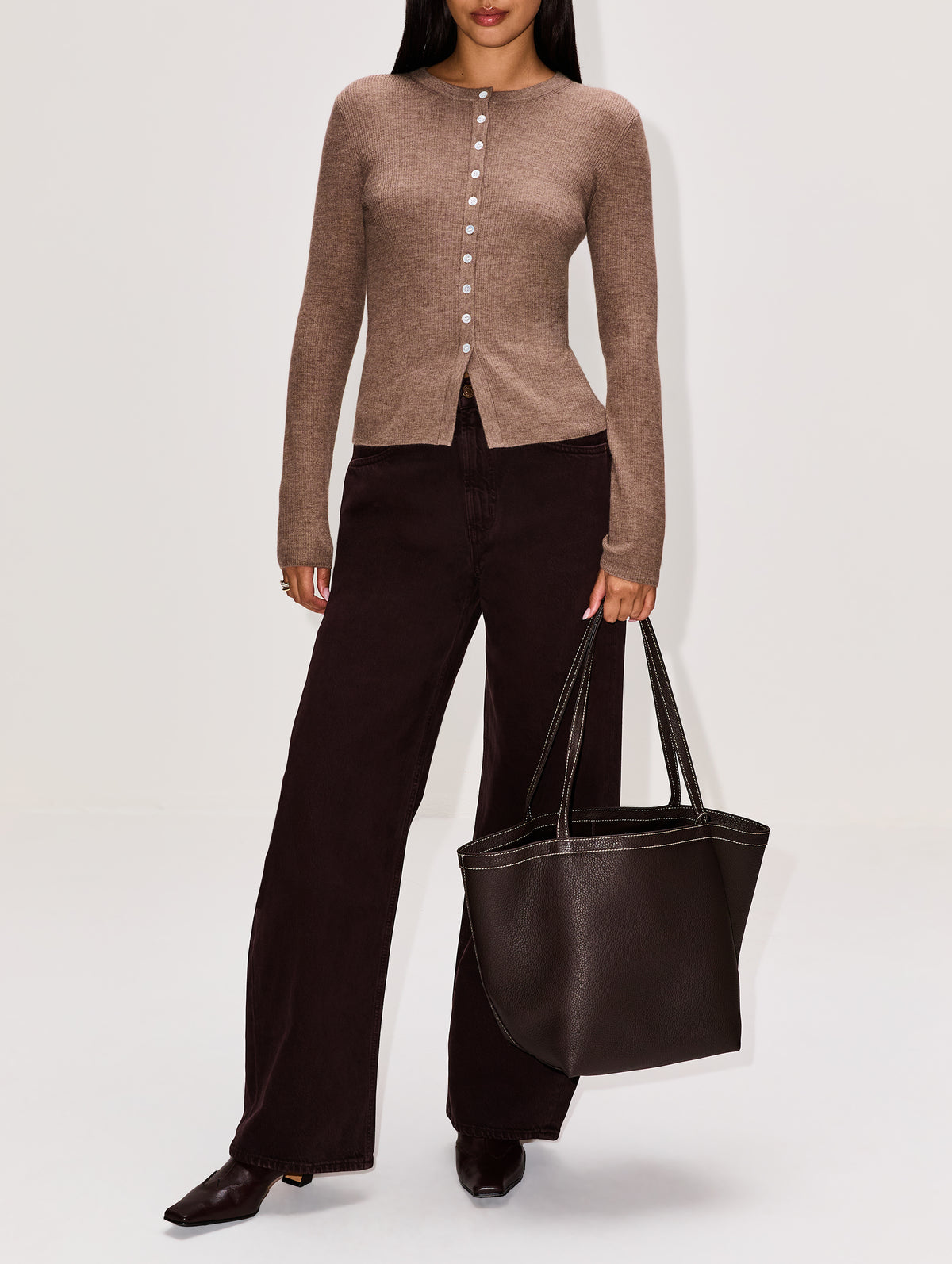 Three Stitch Park Tote,THE ROW,DARK BROWN/ECRU,Image 2