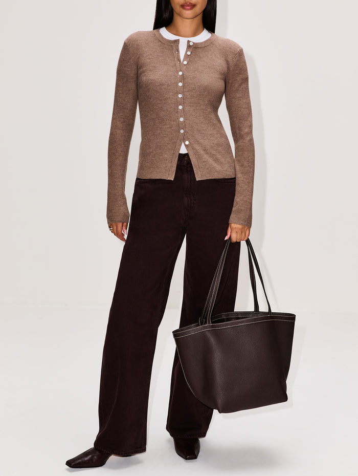 Avery Ribbed Cardigan,ELYSEWALKER LABEL,WALNUT,Image 1