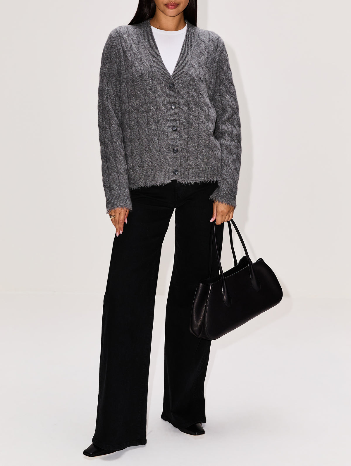 Cable V Neck Cardigan,RE/DONE,CHARCOAL,Image 2