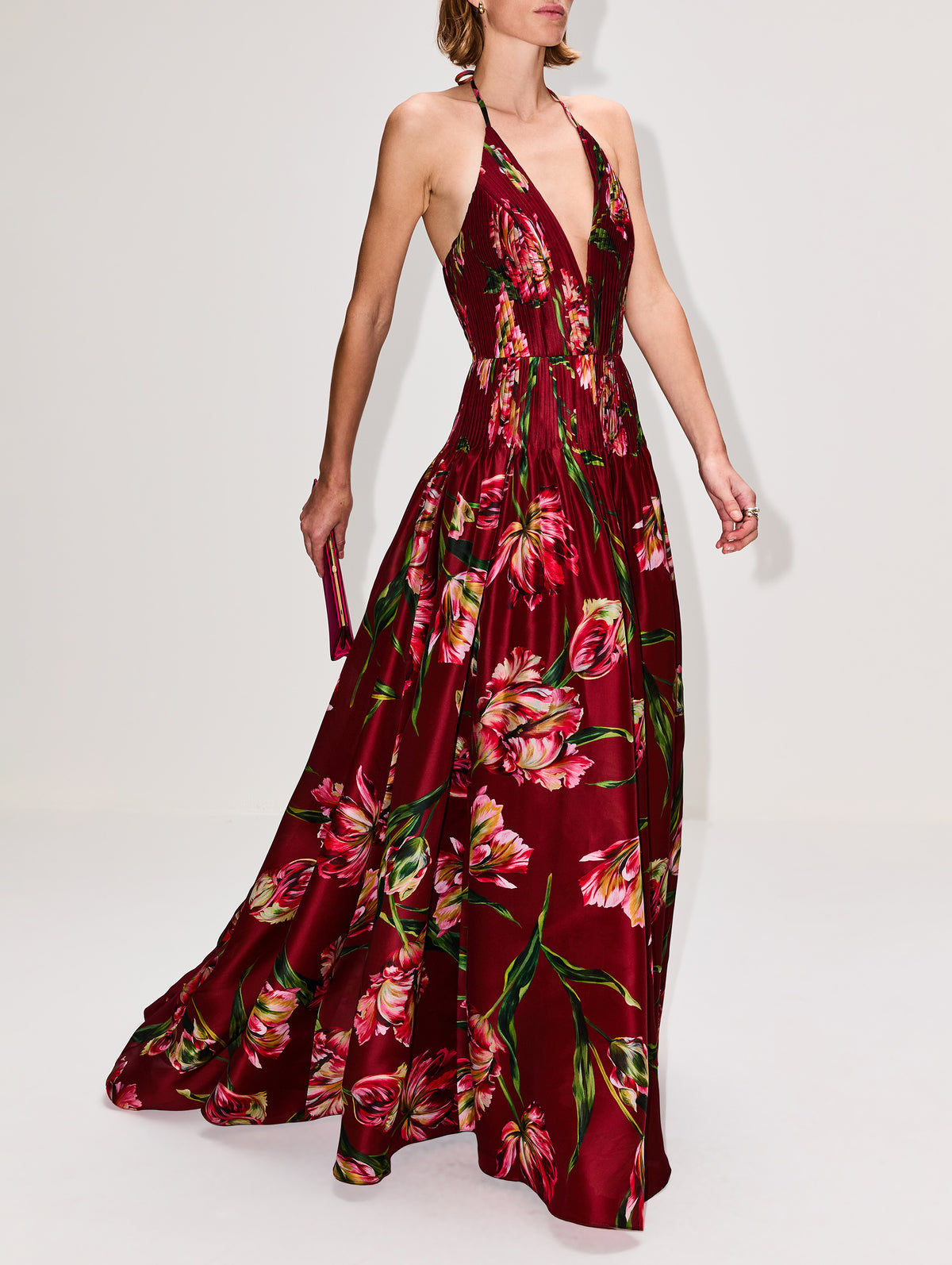 Strappy V Neck Gown,CAROLINA HERRERA,GARNET MULTI,Image 3