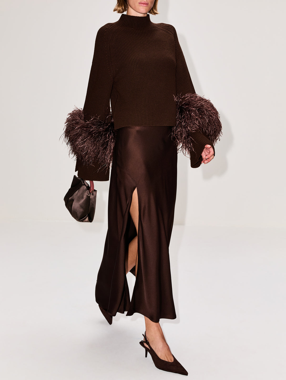 Satin Bias Midi Skirt,LAPOINTE,DARK BROWN,Image 3