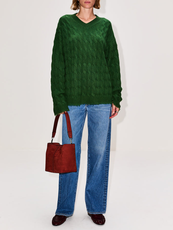 Cable V Neck Pullover Top,RE/DONE,CEDAR,Image 1