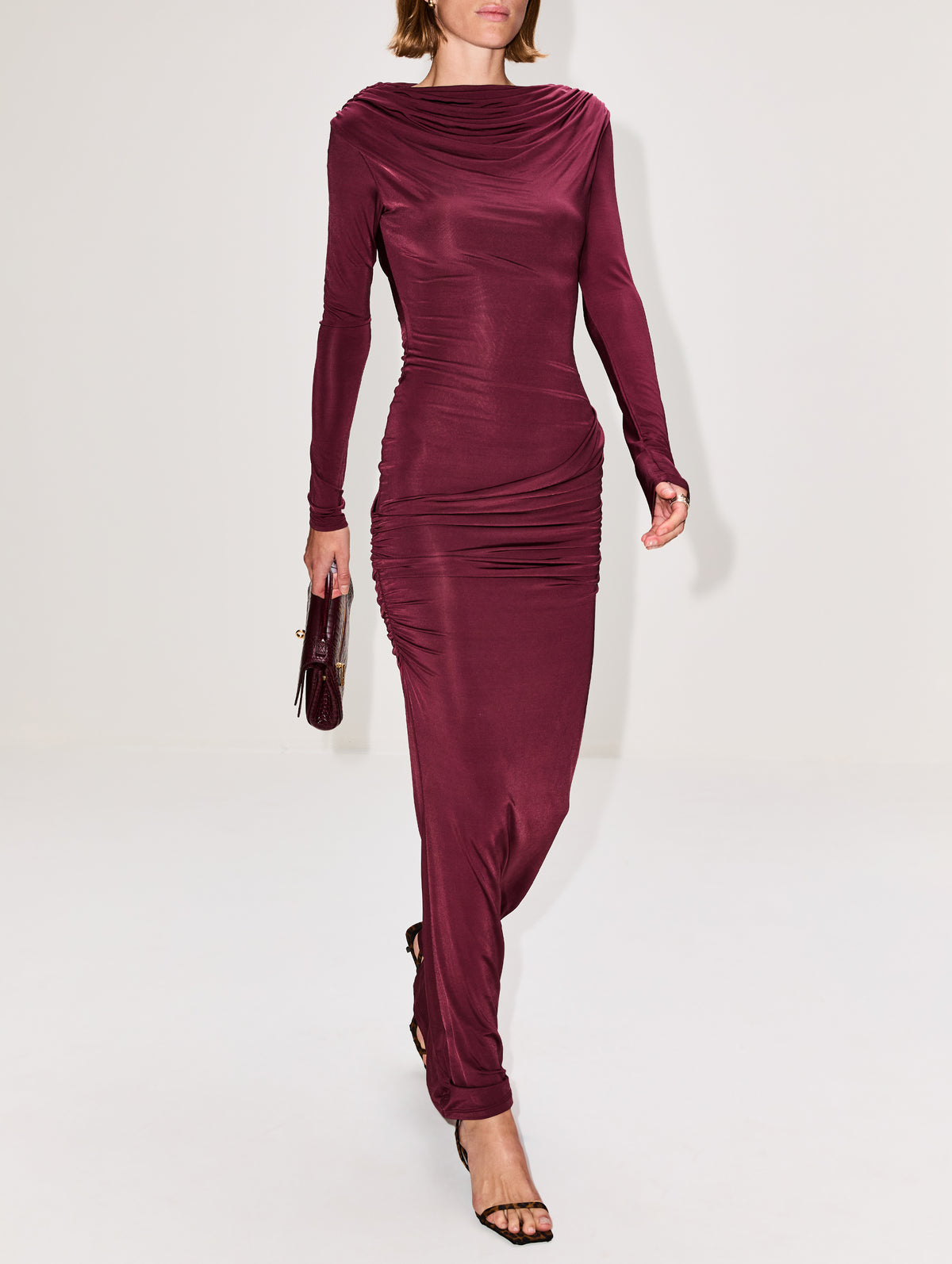 Draped Jersey Dress,PARIS GEORGIA,OXBLOOD,Image 3