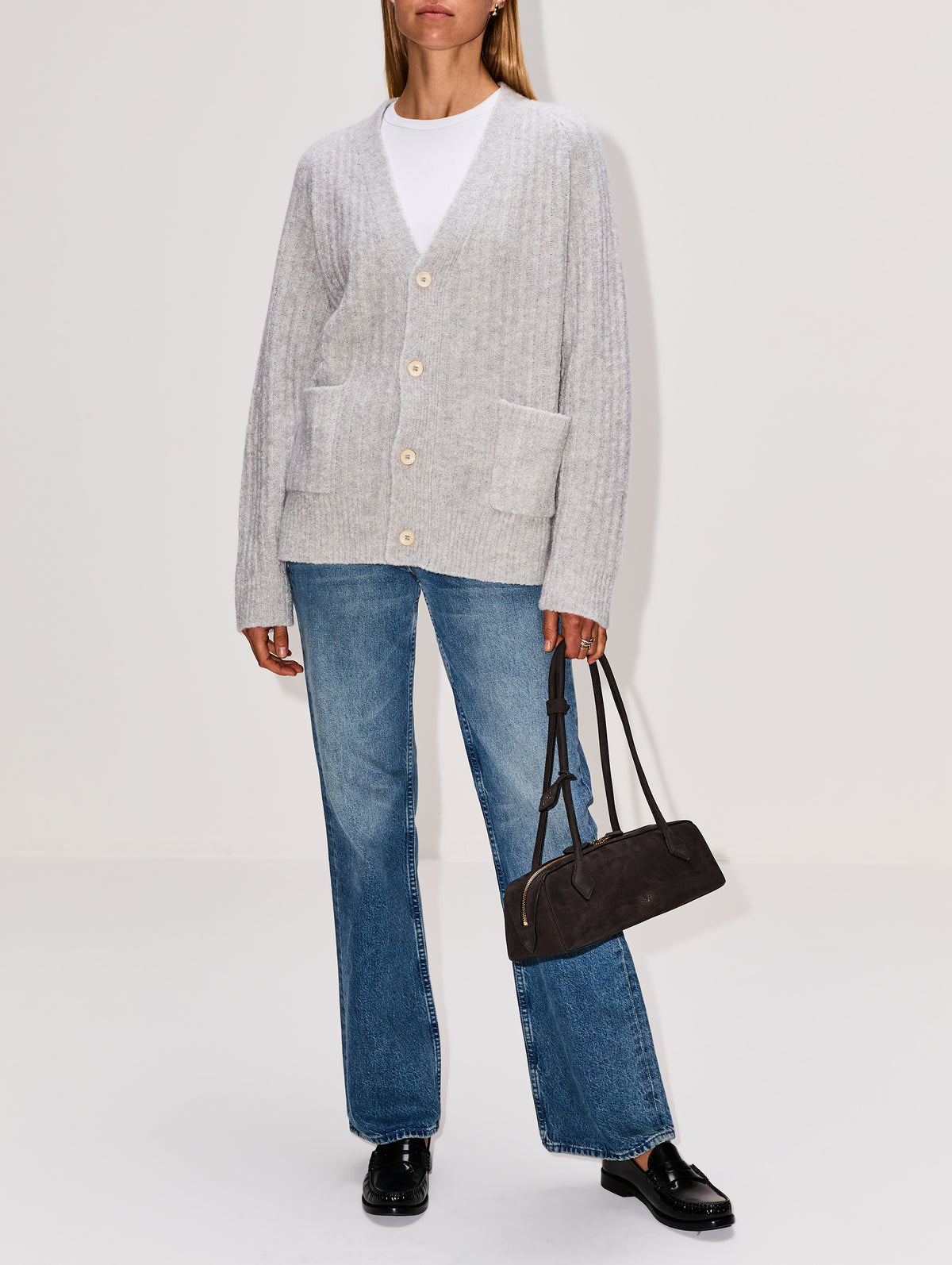 Cozy Rib Relaxed Cardigan,THE ELDER STATESMAN,HEATHER GREY,Image 2