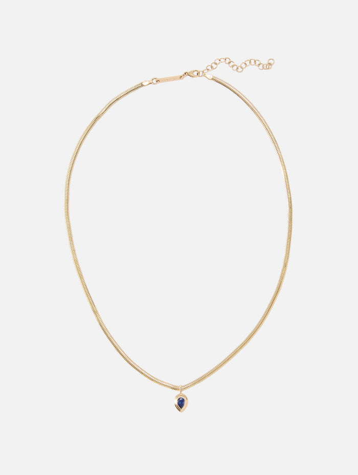 Small Oval Snake Chain Necklace With Bezel Set Pear Blue Sapphire,ZOE CHICCO,YELLOW GOLD,Image 1