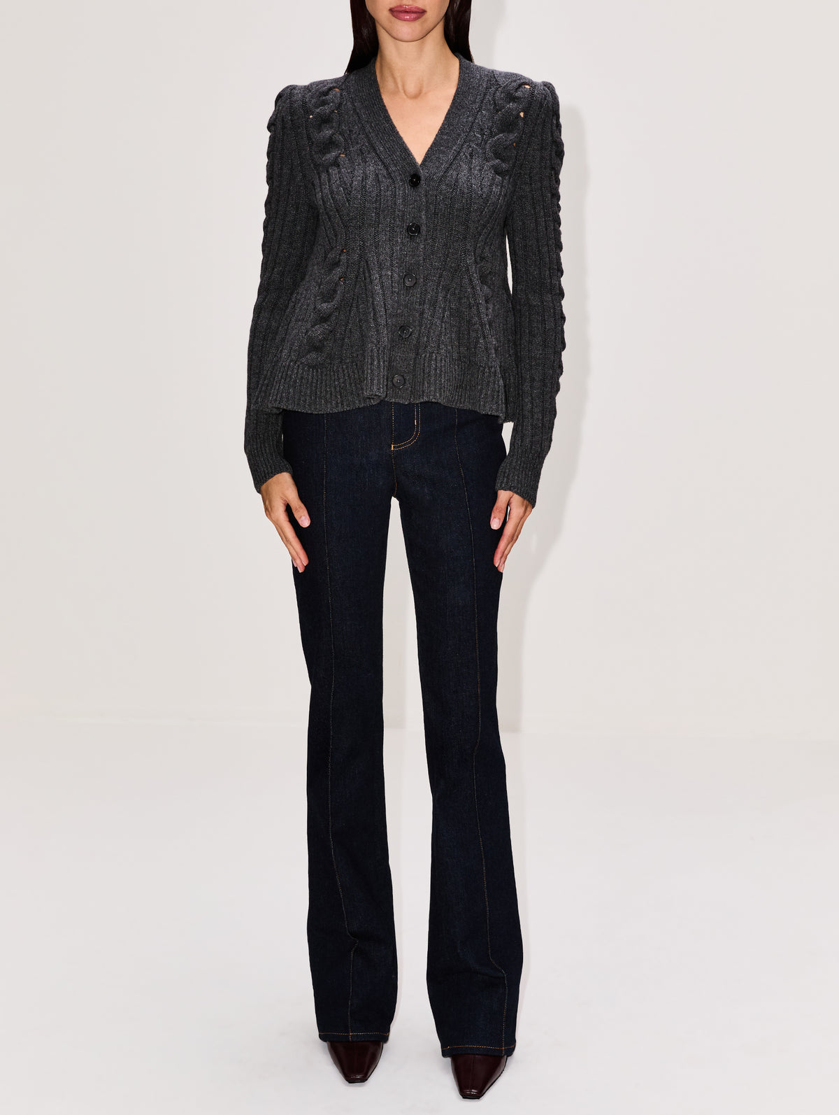 Peplum Cable Knit Cardigan,ALEXANDER MCQUEEN,DARK GREY,Image 2
