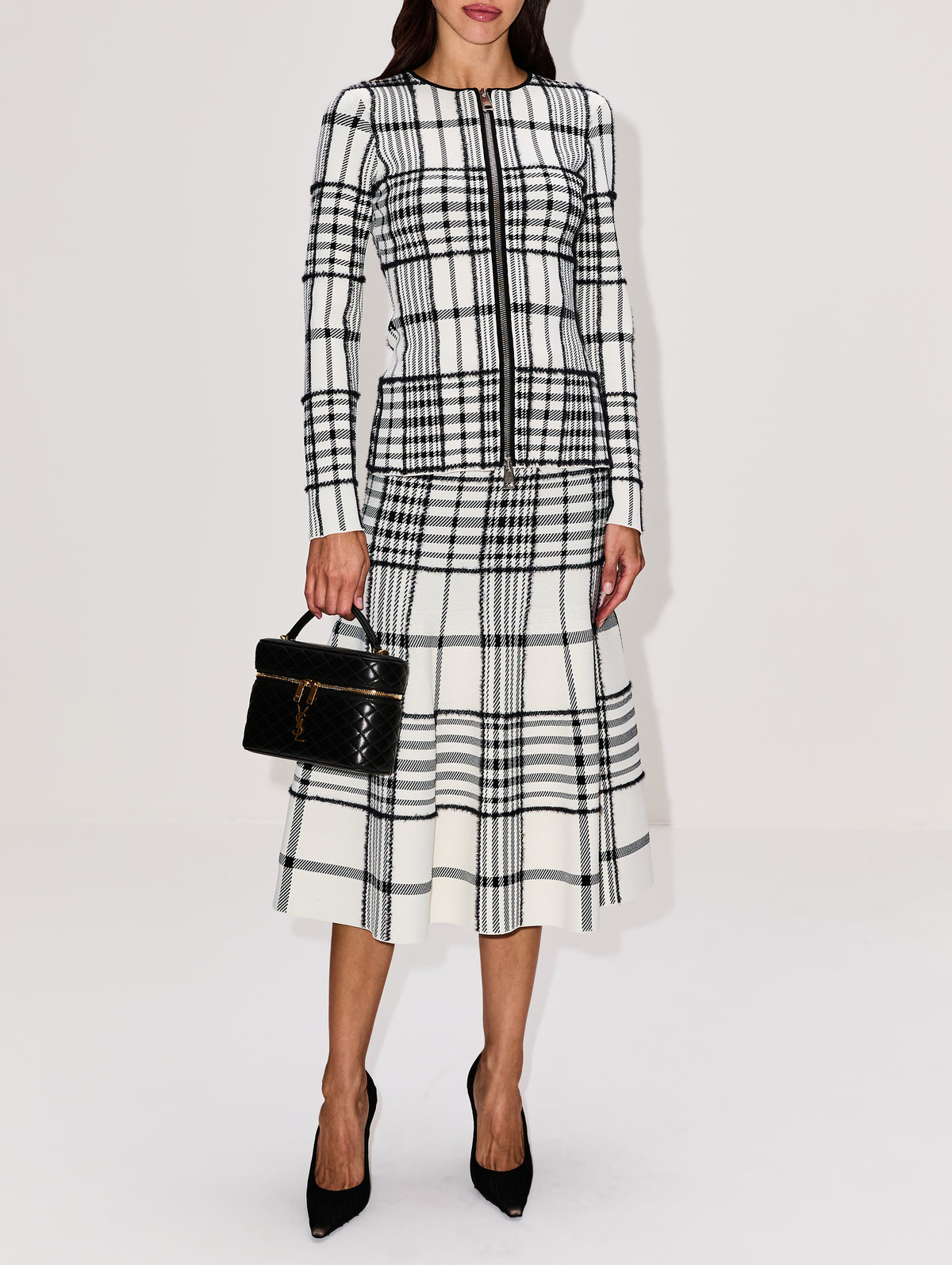 Greer Zip Front Cardigan,BRANDON MAXWELL,IVORY PLAID,Image 2