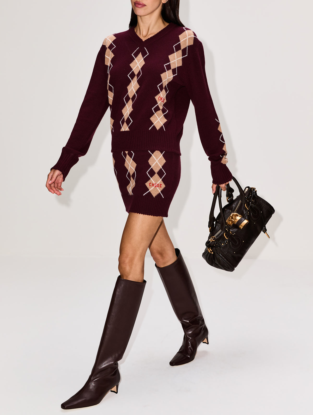 Argyle Skirt,CHLOÉ,BURGUNDY,Image 3