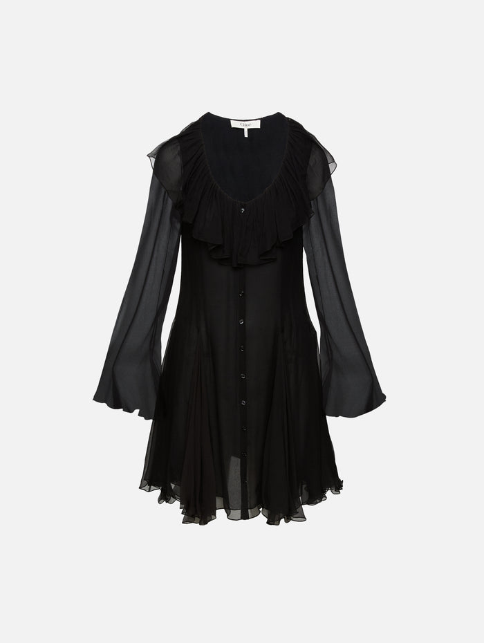 Silk Long Sleeve Dress,CHLOÉ,BLACK,Image 1
