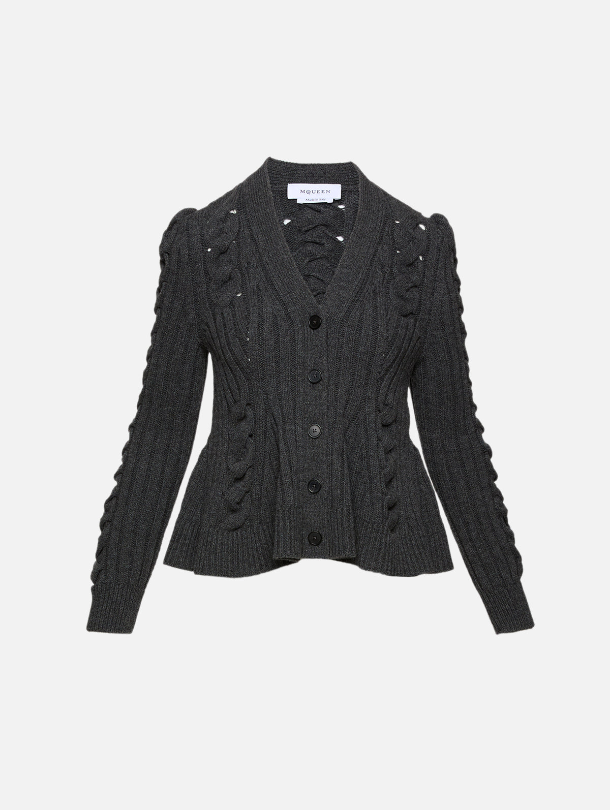 Peplum Cable Knit Cardigan,ALEXANDER MCQUEEN,DARK GREY,Image 1