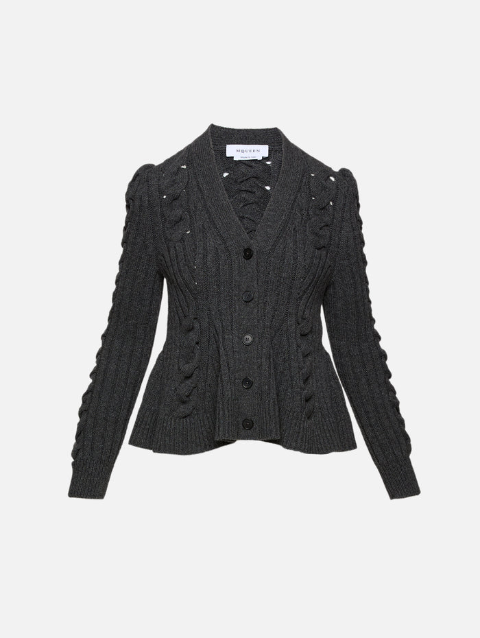 Peplum Cable Knit Cardigan,ALEXANDER MCQUEEN,DARK GREY,Image 1