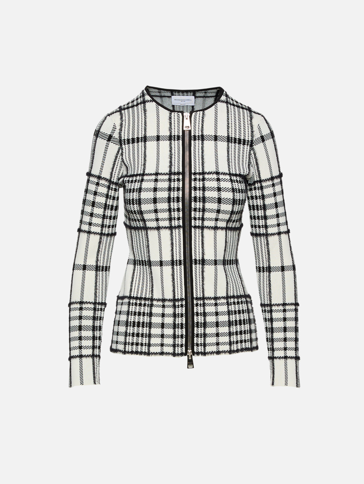 Greer Zip Front Cardigan,BRANDON MAXWELL,IVORY PLAID,Image 1