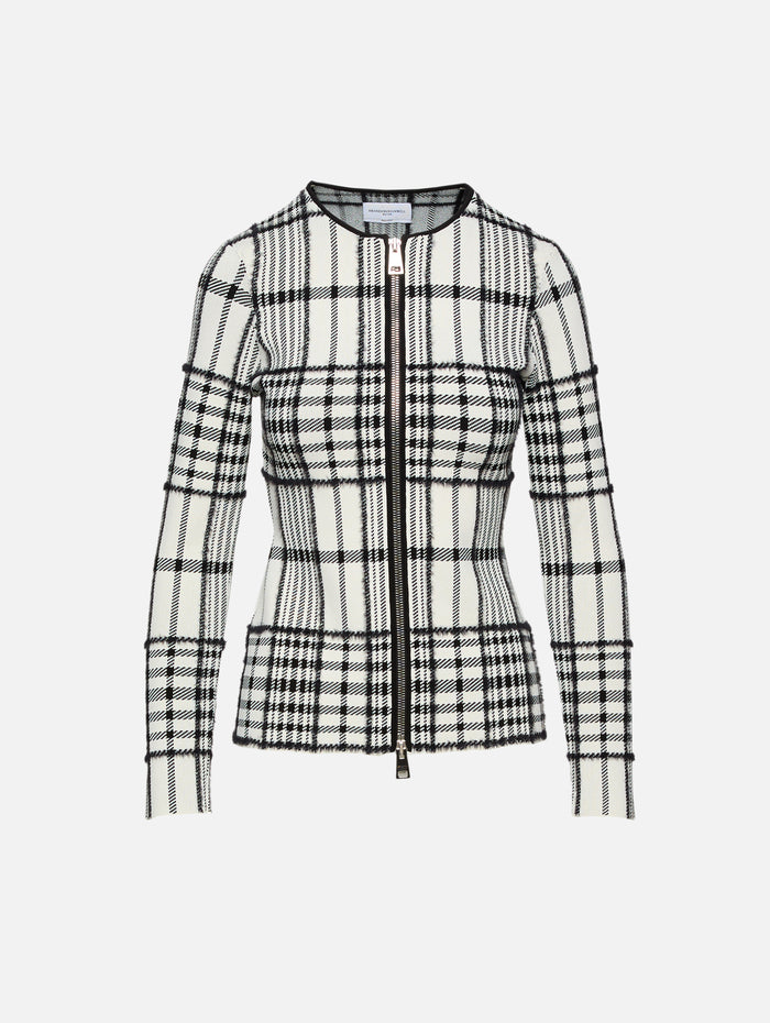 Greer Zip Front Cardigan,BRANDON MAXWELL,IVORY PLAID,Image 1