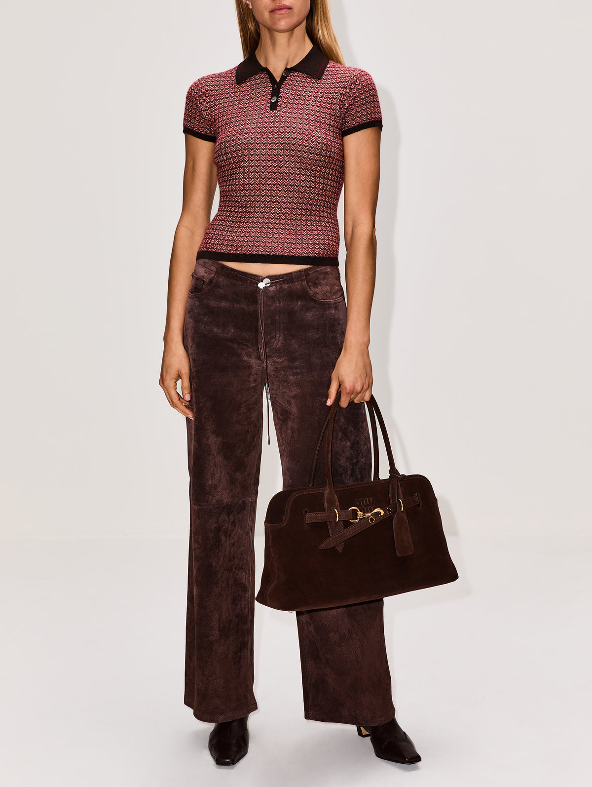 Chevron Shrunken Polo Top,GUEST IN RESIDENCE,BURNT COCOA/COMBO,Image 2