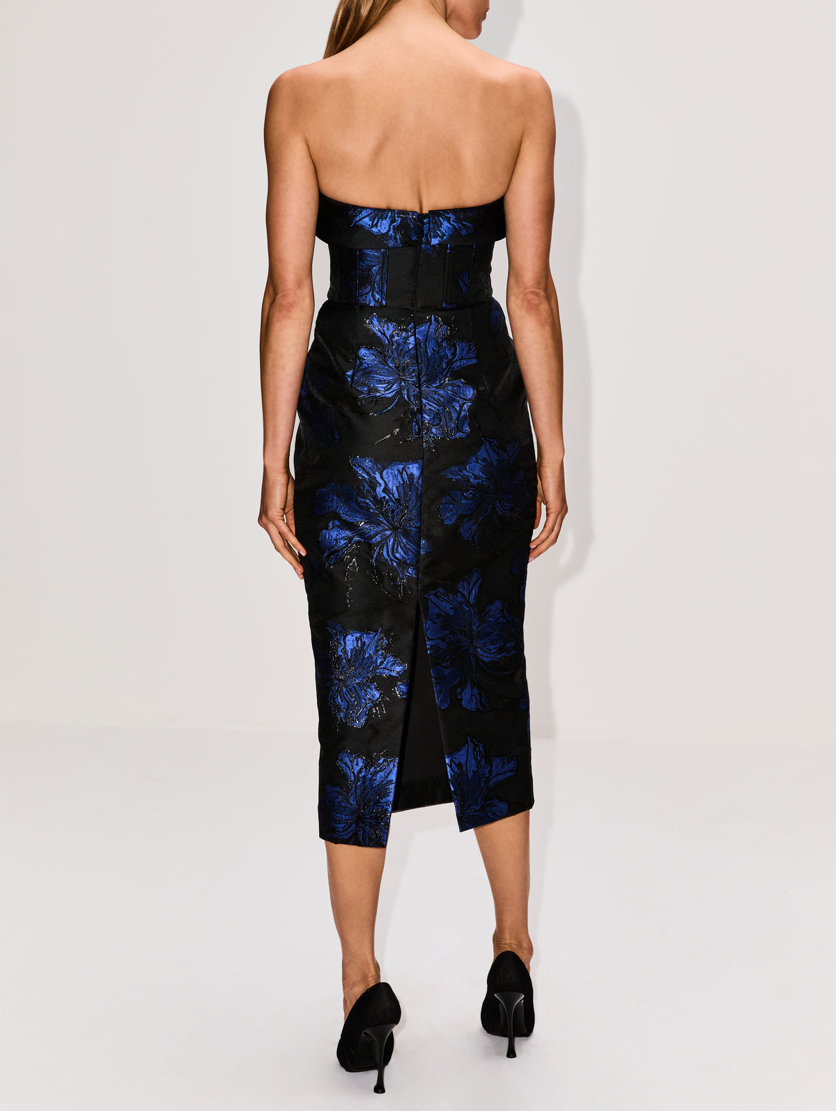 Rebecca Vallance Alexandra Strapless Floral Brocade Midi Dress, Blue, Women's, 14, Cocktail & Party Wedding Guest Dresses Strapless Dresses