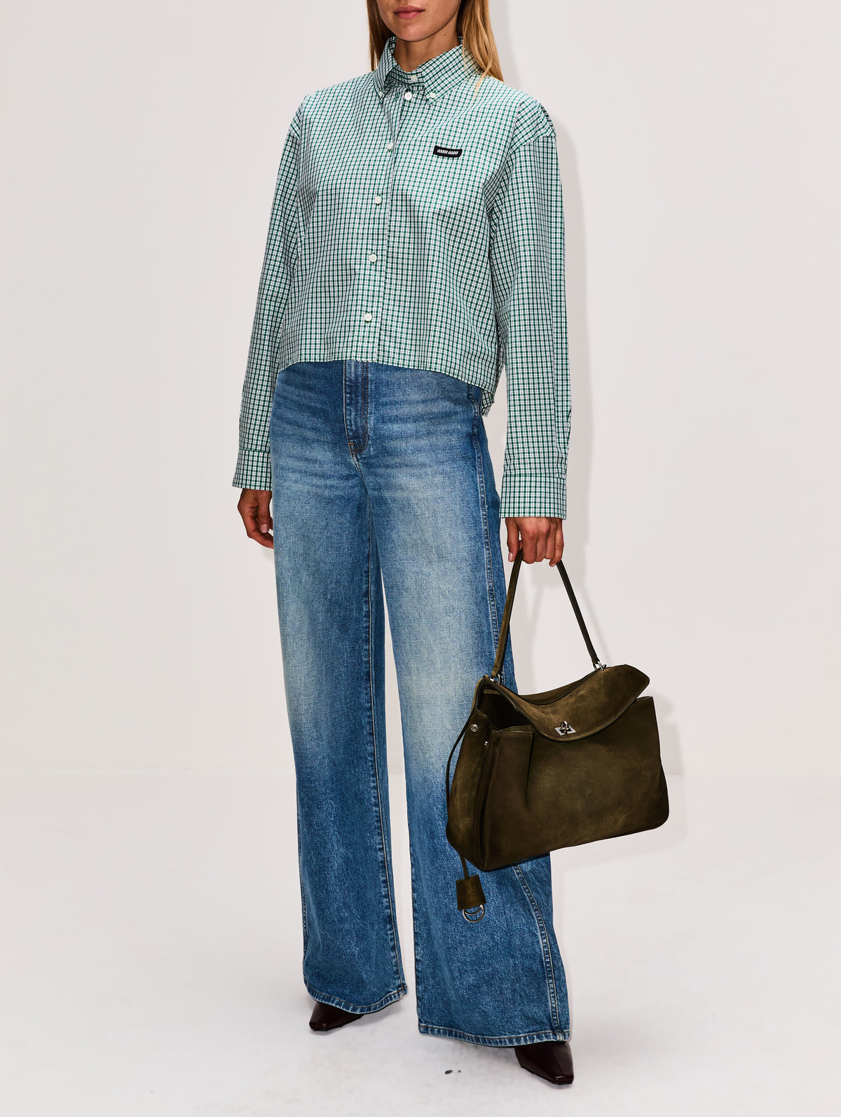 Check Jacket,MIU MIU,SMERALDO/BIANCO,Image 2