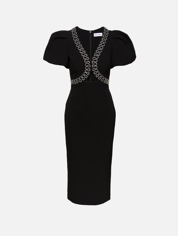 Nyx Puff Sleeve Midi Dress,REBECCA VALLANCE,BLACK,Image 1