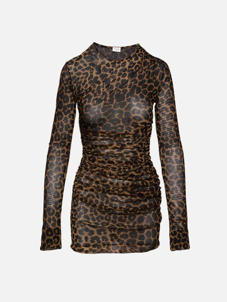 Saint Laurent Ruched Mini Dress In Leopard Tulle Jersey - Brown - Women