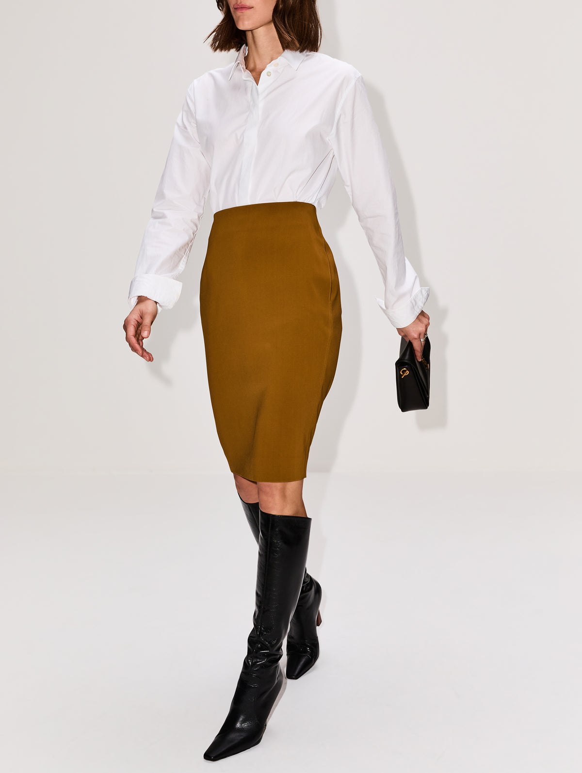 Satin Pencil Skirt,SAINT LAURENT,KAKI DORE,Image 3