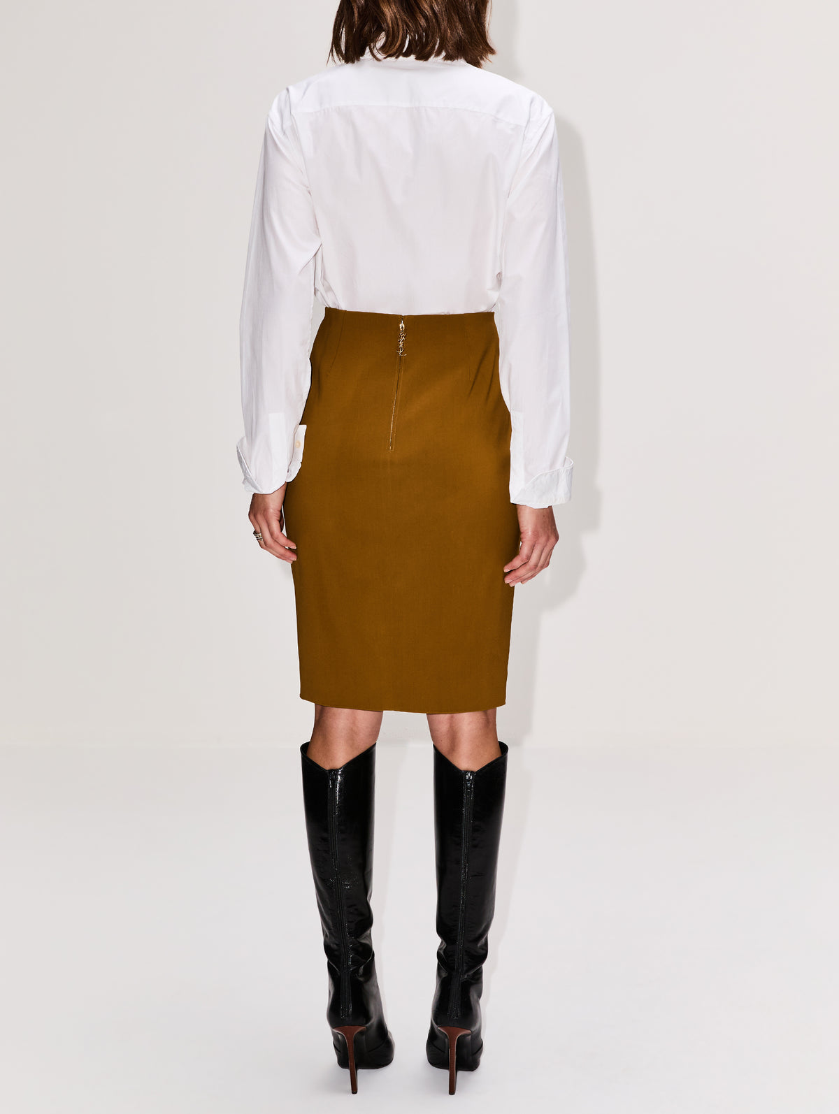 Satin Pencil Skirt,SAINT LAURENT,KAKI DORE,Image 4