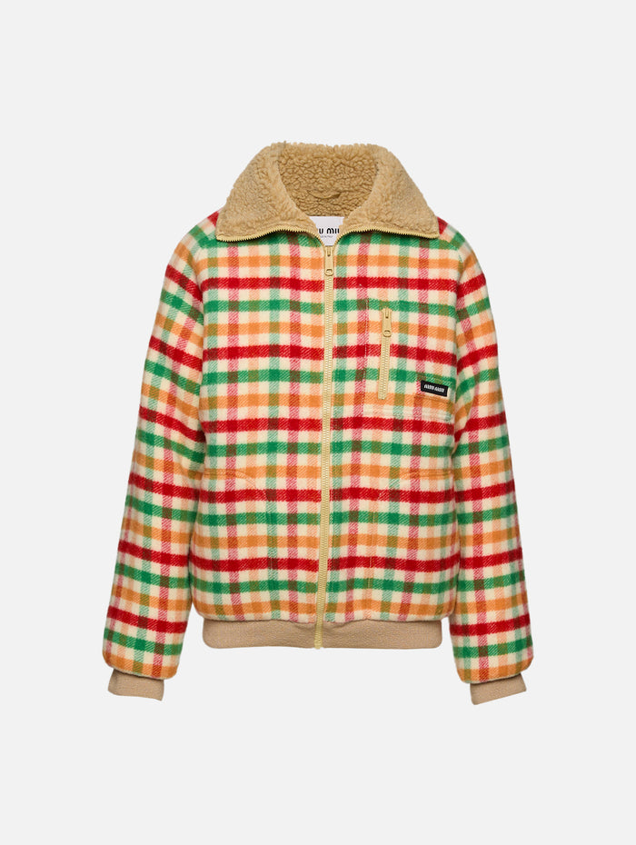 Check Zip Up Jacket,MIU MIU,RED/GREEN/SOY GREEN,Image 1