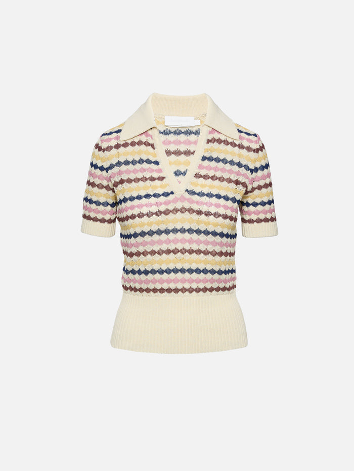 Awaken Scallop Knit Polo Top,ZIMMERMANN,STRIPE MULTI,Image 1