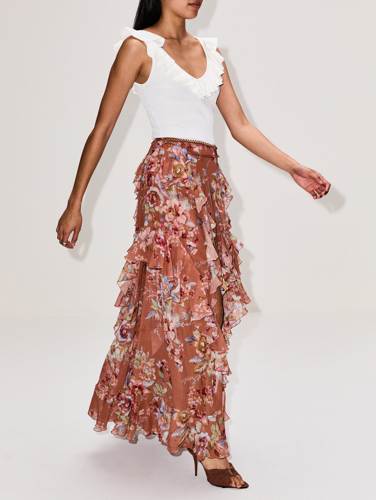 Awaken Ruffle Skirt,ZIMMERMANN,CINNAMON FLORAL,Image 3