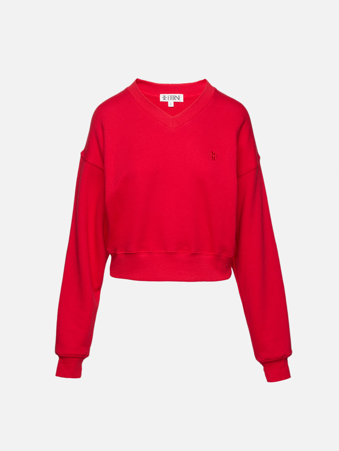 Cropped V Neck Sweatshirt,ÉTERNE,ROUGE,Image 1