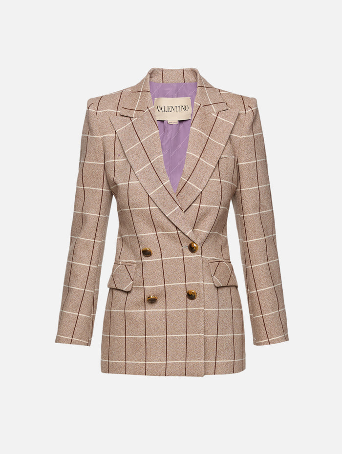 Check Double Breasted Jacket,VALENTINO GARAVANI,BEIGE/MAROON/IVORY,Image 1