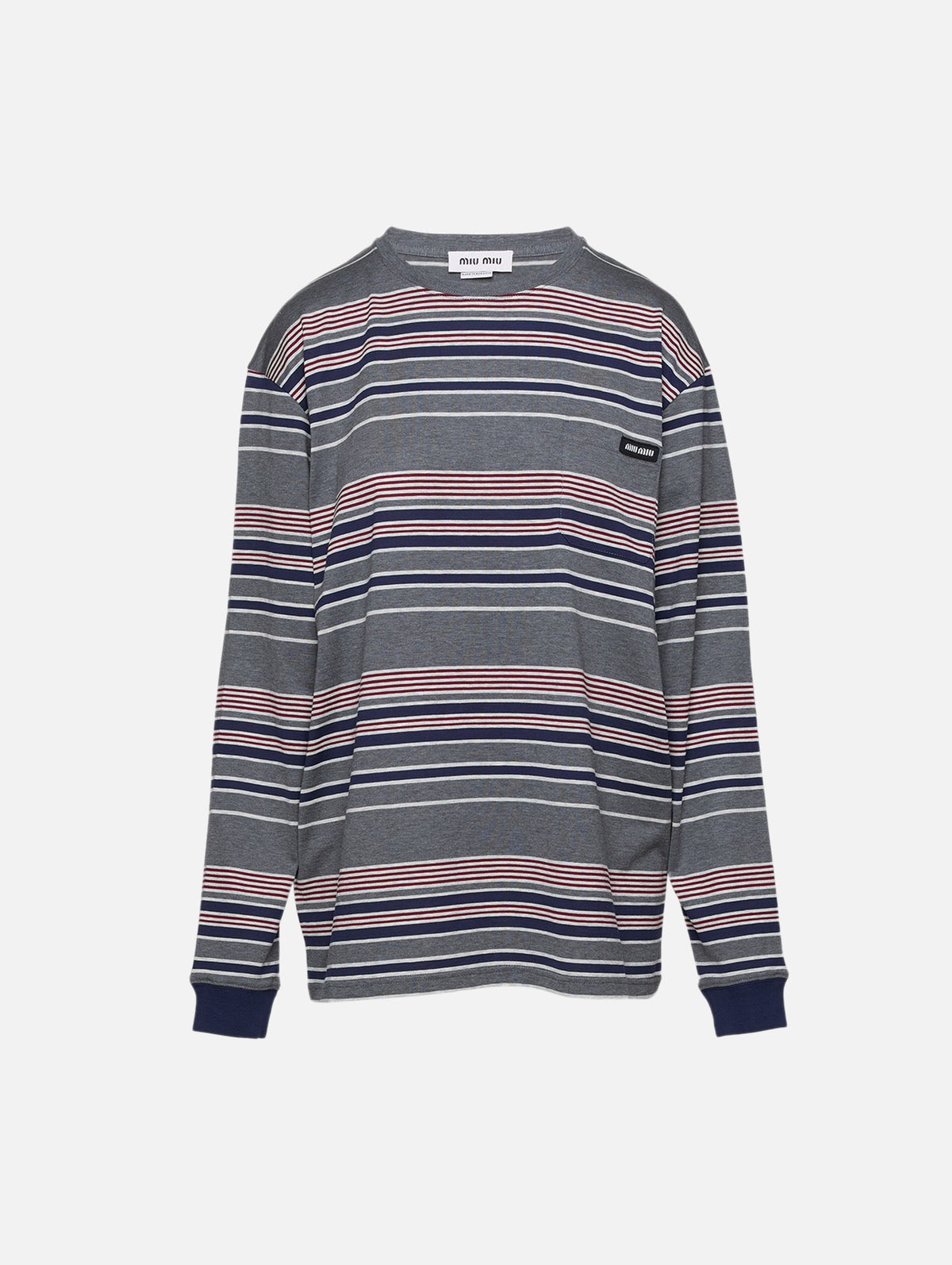 Striped Longsleeve Jersey Tee,MIU MIU,SLATE GRAY/BLUE,Image 1