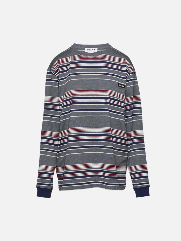 Striped Longsleeve Jersey Tee,MIU MIU,SLATE GRAY/BLUE,Image 1