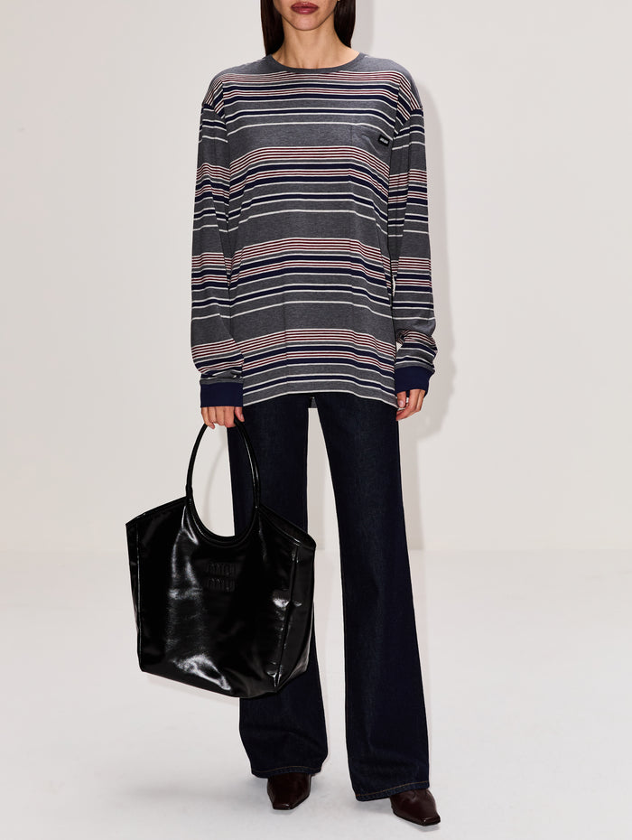 Striped Longsleeve Jersey Tee,MIU MIU,SLATE GRAY/BLUE,Image 1