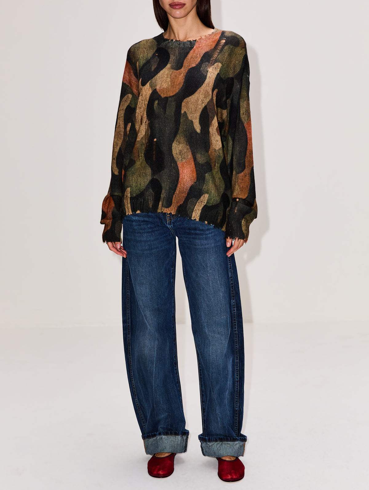 Printed Boyfriend Sweater,R13,DARK CAMO GREEN,Image 2