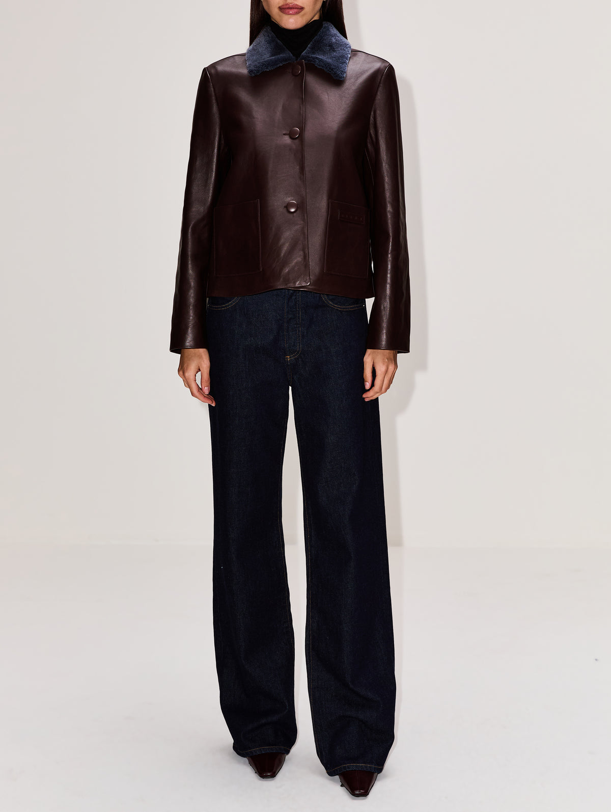 Fur Trimmed Leather Jacket,MARNI,CACAO,Image 2