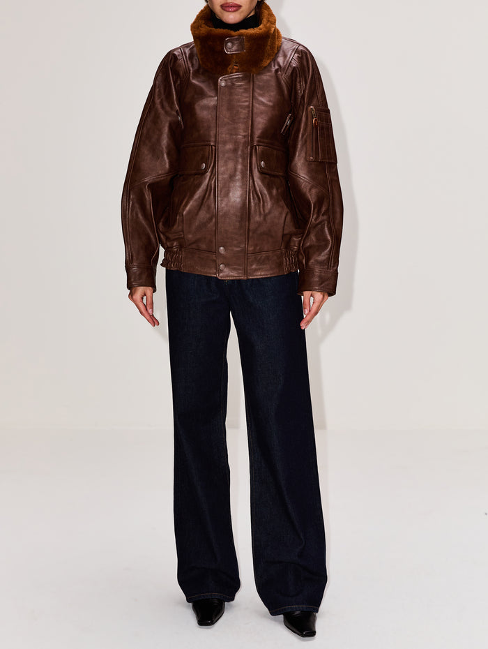 Leather Flight Jacket,R13,BROWN,Image 1